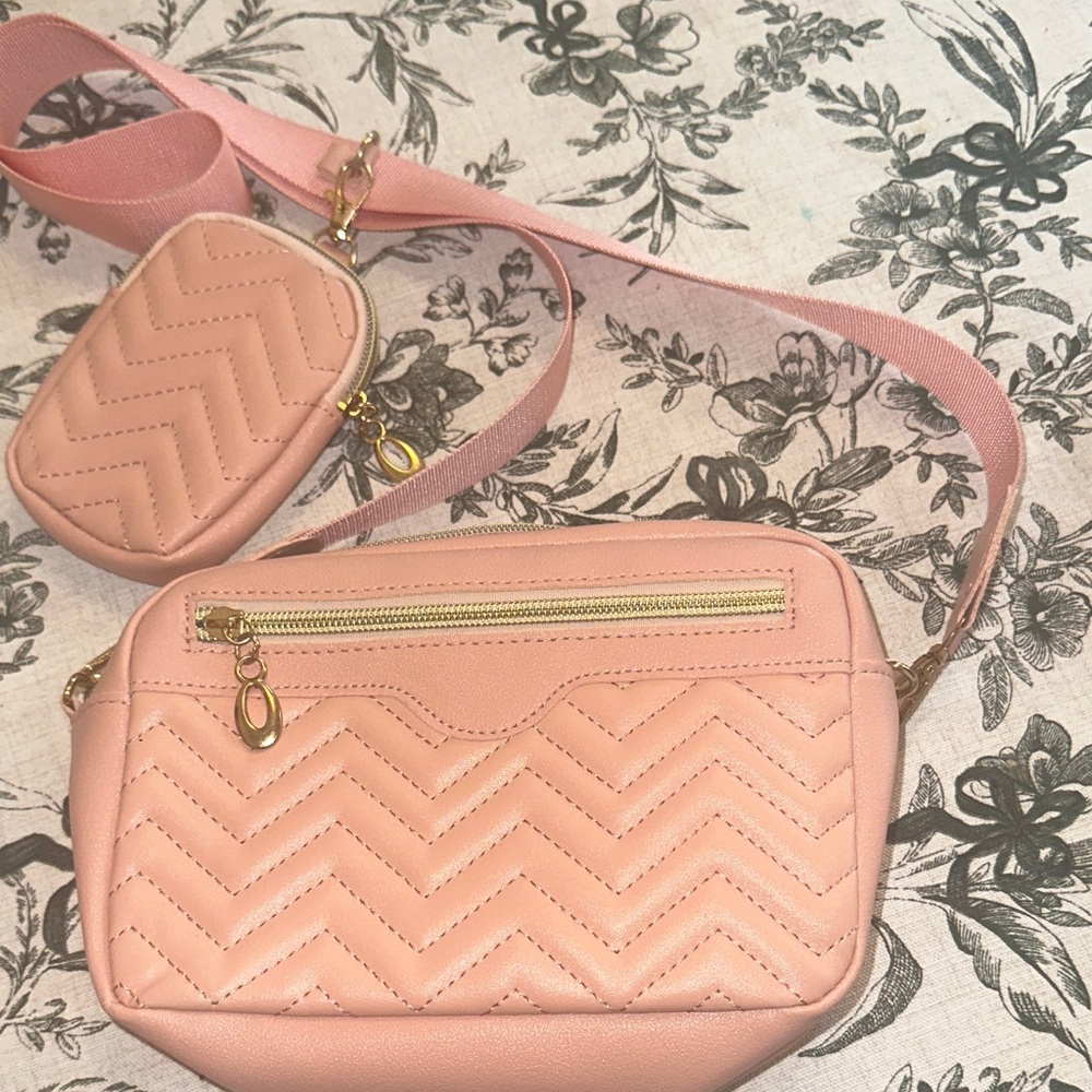 Pink Quilted Crossbody Bag with Removable Strap Pouch